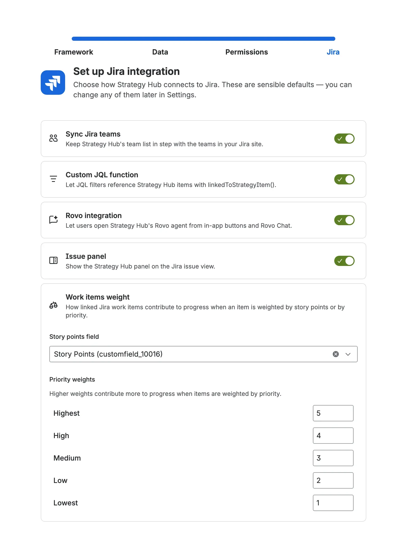 The Jira integration step, with four on/off toggles for team sync, the JQL function, Rovo, and the issue panel, above the work-items weighting section