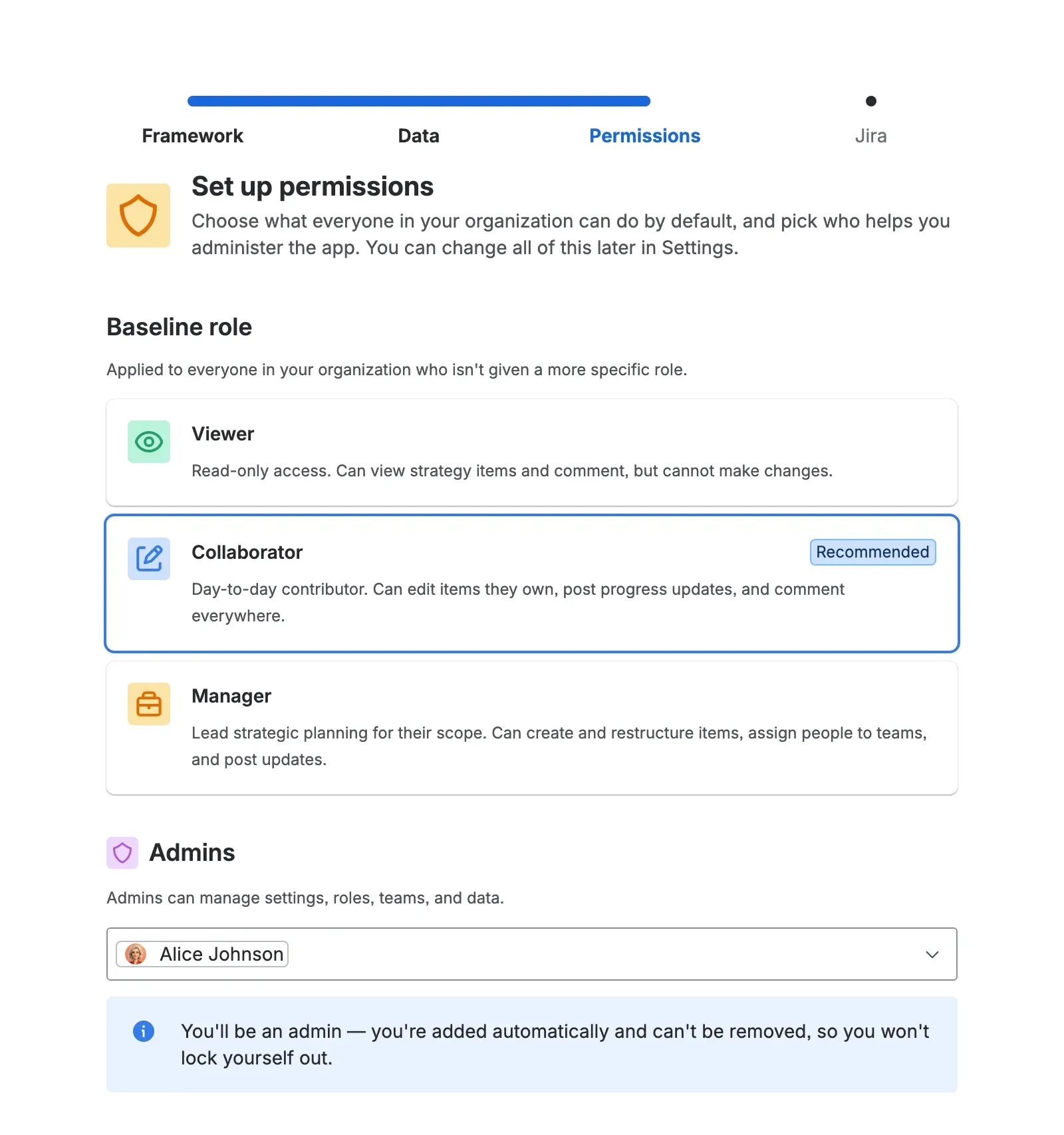 The permissions step, with the baseline-role options above the admin picker that lists the current admin