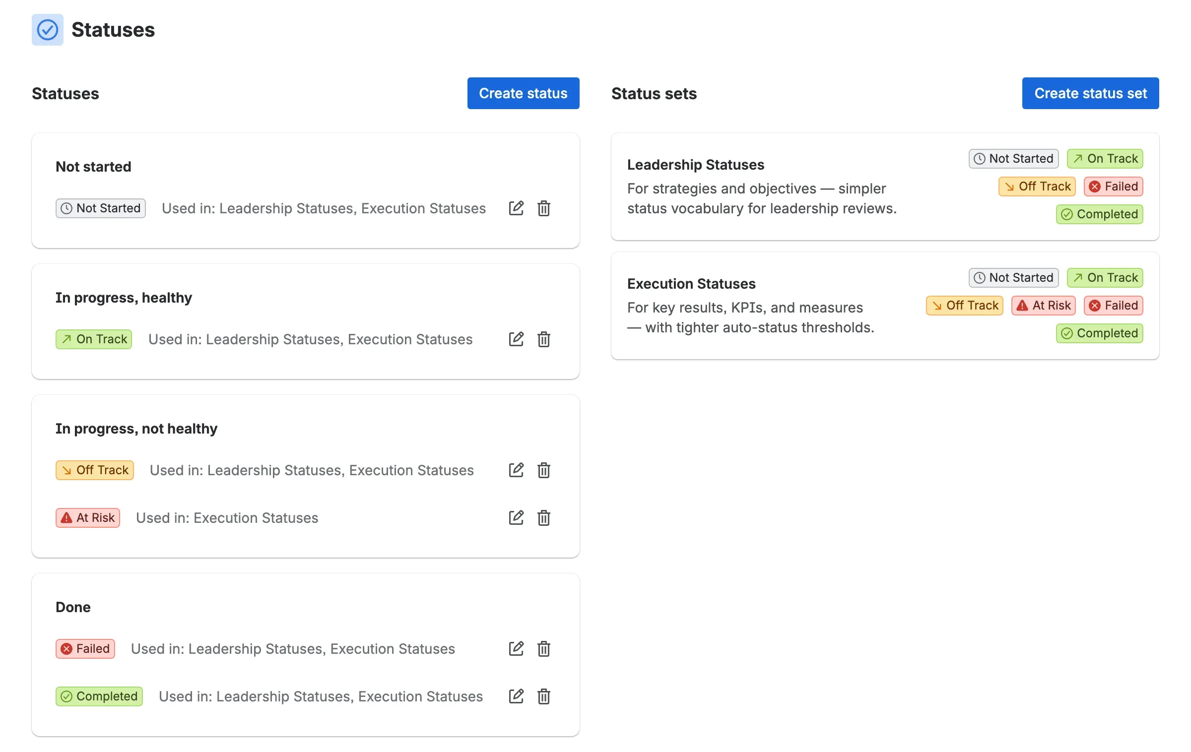 The Statuses settings screen showing the shared list of Statuses on the left grouped by category and the Status Sets list on the right, each set showing its name, description, and ordered Statuses
